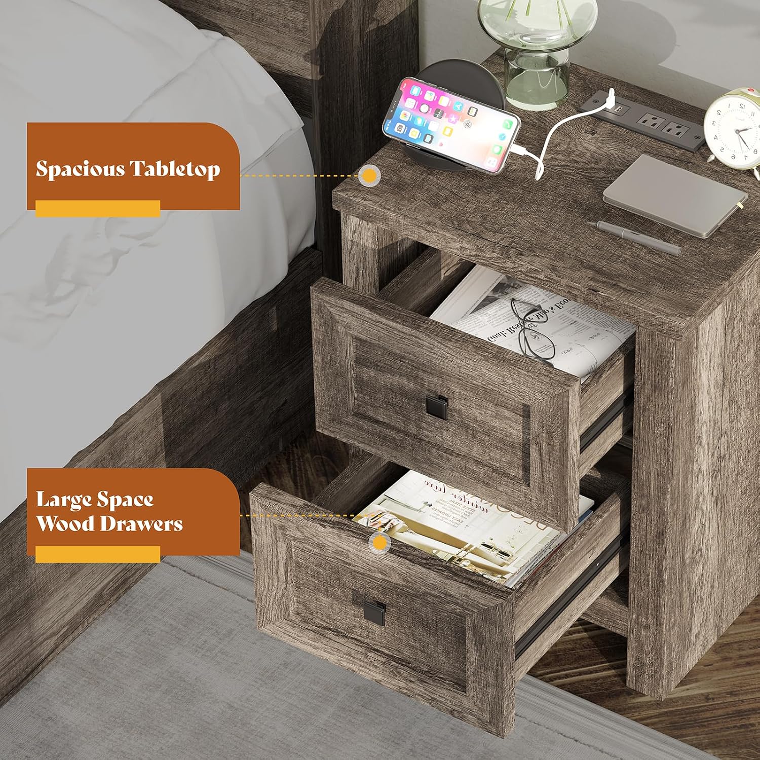 AMERLIFE Nightstand Set of 2 with Charging Station, Rustic Bedside Table with Drawers Storage, Farmhouse Wood Night Stand for Bedroom, Rustic Grey