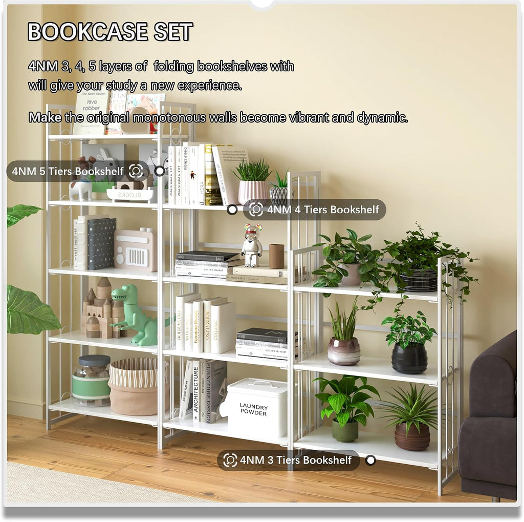 4NM No Assembly 5 Tiers Folding Bookshelf, 59.4' H Foldable Storage Shelves Vintage Bookcase Standing Racks Study Organizer Home Office - All White
