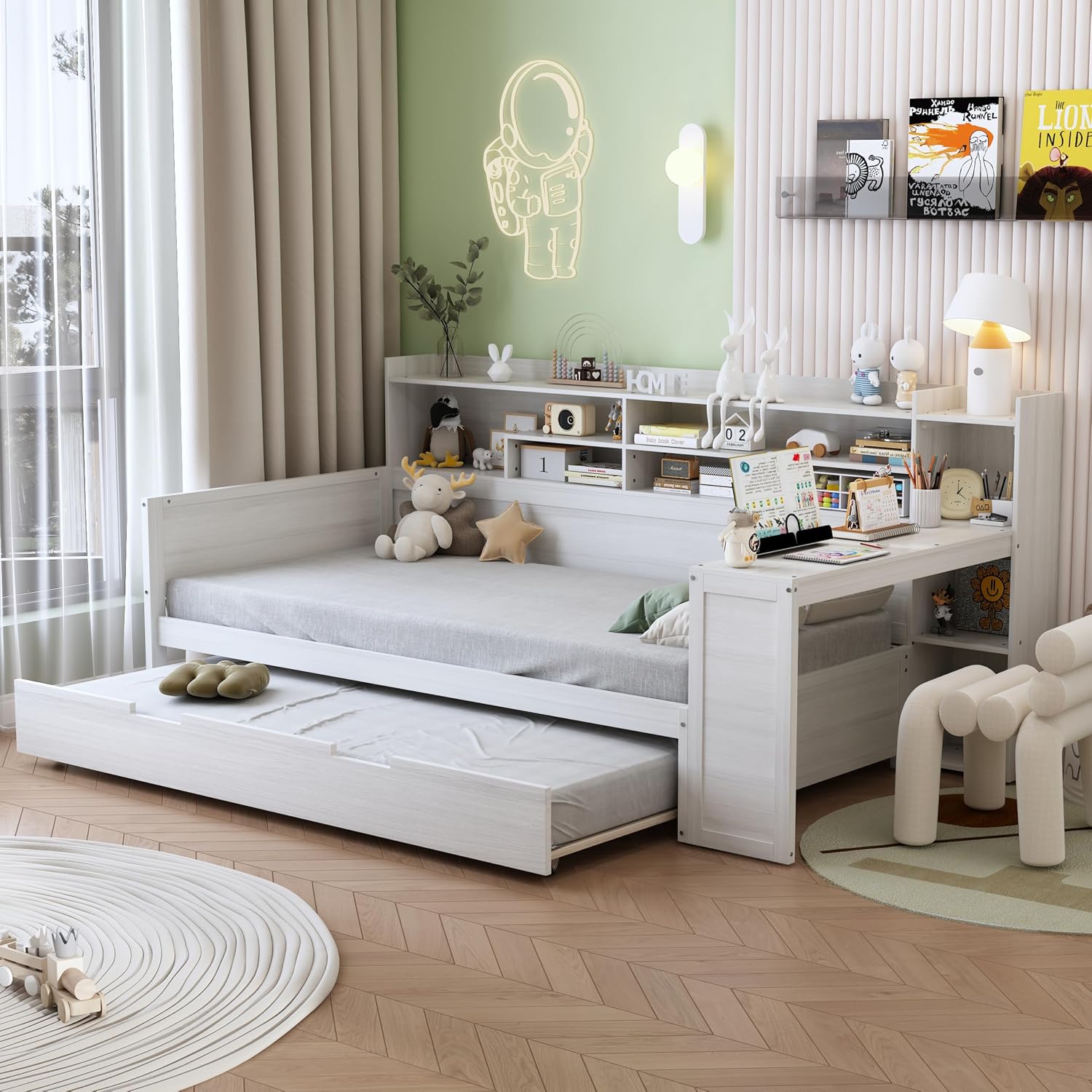 Wood Twin Size Corner Day Bed with Twin Trundle and Desk,L Shape Corner Daybed Frame with Storage Shelves and Wood Slat Support for Kids Teens Bedroom Guest Room,No Box Spring Needed,Antique White