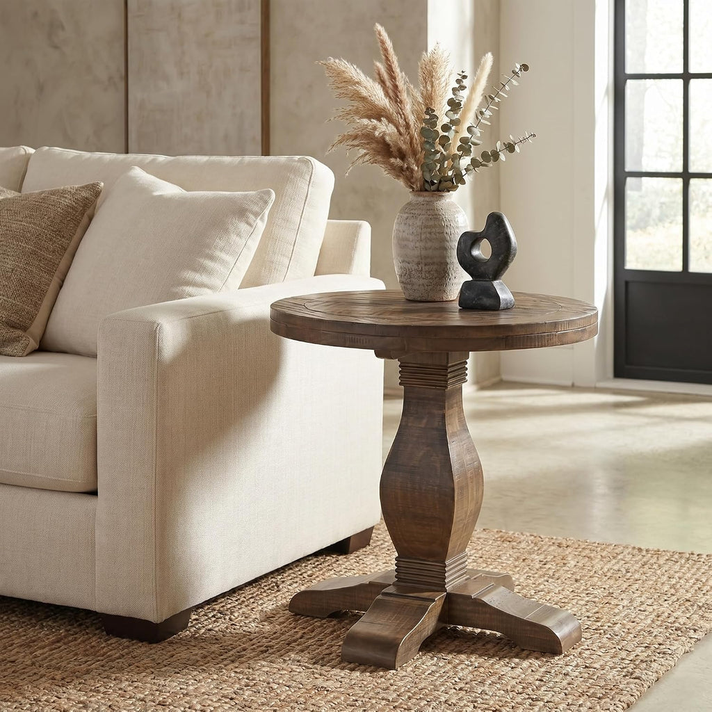 Napa Solid Wood Farmhouse Rustic Round End Side Living Room Table, Nightstand 26' W x 26' D x 25' H
