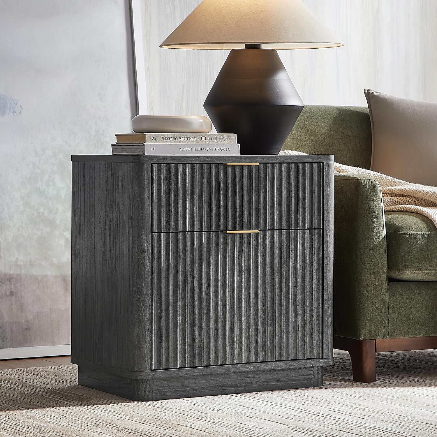 T4TREAM 23'' Fluted Nightstand Set of 2 with Charging Station, Large 2 Drawer Side Table, Modern End Table with Storage, Mid Century Bedside Table for Bedroom, Living Room, Curved Profile, Dark Alder