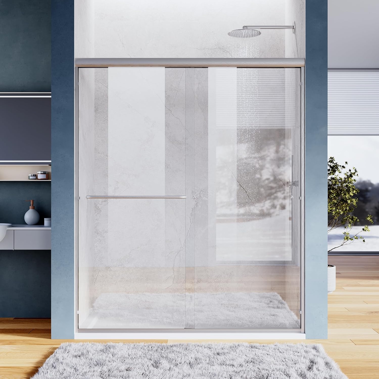 SUNNY SHOWER Bypass Sliding Shower Door Semi-Frameless Shower Enclosure 1/4'(6mm) Glass Sliding Bathroom Door, Brushed Nickel Finish, 48' W x 72' H