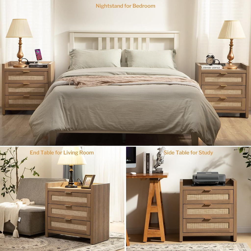 SICOTAS Rattan Night Stand Set of 2 - Tall Nightstands with Type-C Charging Station, 3 Rattan Storage Drawers, Larger Nightstand Boho Bedside Table End Table for Bedroom Sofa Couch Office - Oak