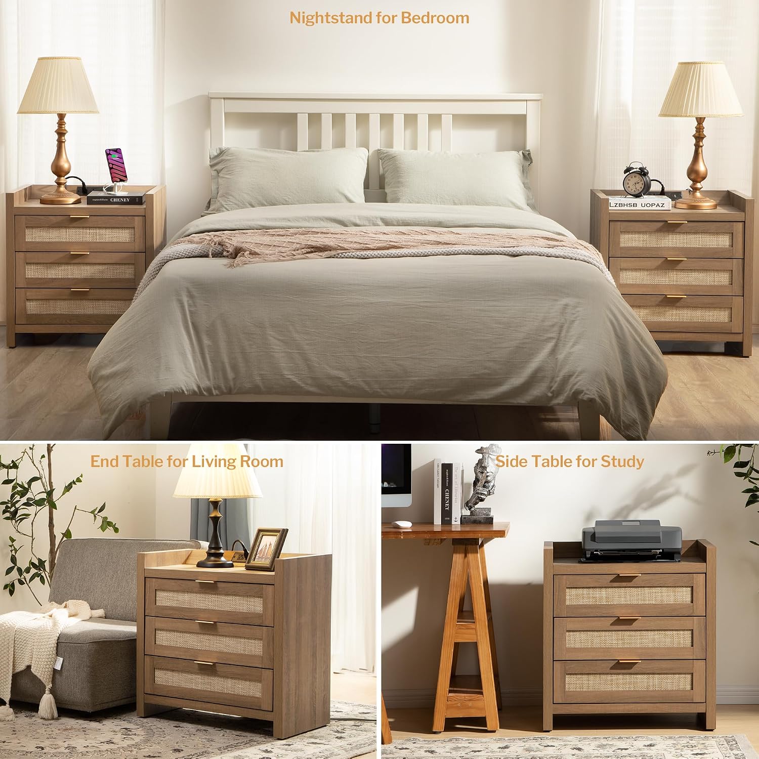 SICOTAS Rattan Night Stand Set of 2 - Tall Nightstands with Type-C Charging Station, 3 Rattan Storage Drawers, Larger Nightstand Boho Bedside Table End Table for Bedroom Sofa Couch Office - Oak