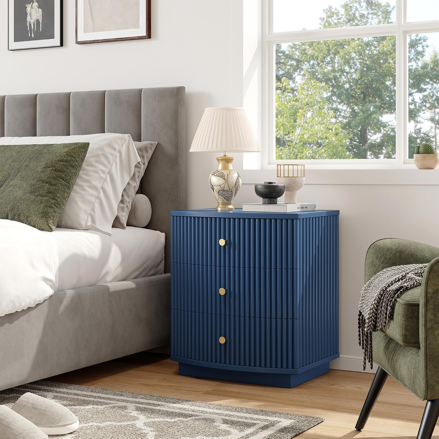 Dresser for Bedroom,6-Drawer Dresser, Mondern Wide Chest of Drawers with Fluted & Curved Design, Large Storage Chest for Bedroom, End Table for Living Rooms, （Blue*2）