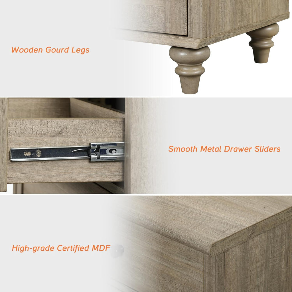 WAMPAT Farmhouse Nightstand with 3 Drawers, Set of 2 Large 3 Drawers Wood Bedside Table Night Stand, Wide Sofa Side End Table Chest of Dresser for Living Room, Bedroom, Wash Grey, 34 inch