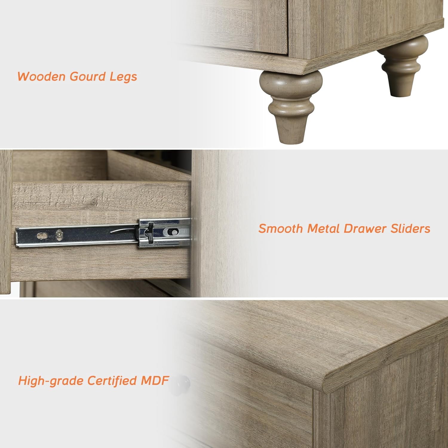 WAMPAT Farmhouse Nightstand with 3 Drawers, Set of 2 Large 3 Drawers Wood Bedside Table Night Stand, Wide Sofa Side End Table Chest of Dresser for Living Room, Bedroom, Wash Grey, 34 inch