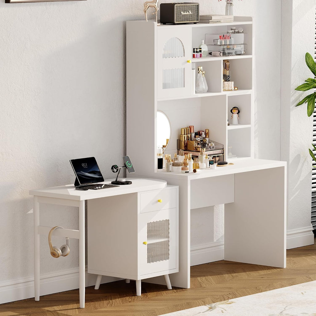 L Shaped Home Office Desks with 90° Rotating Retractable Desktop, Glass Door, Hutch, Drawers, Bookshelf & Storage Shelves, 43' Modern Gaming Computer Corner Table for Work, Study, Writing, White