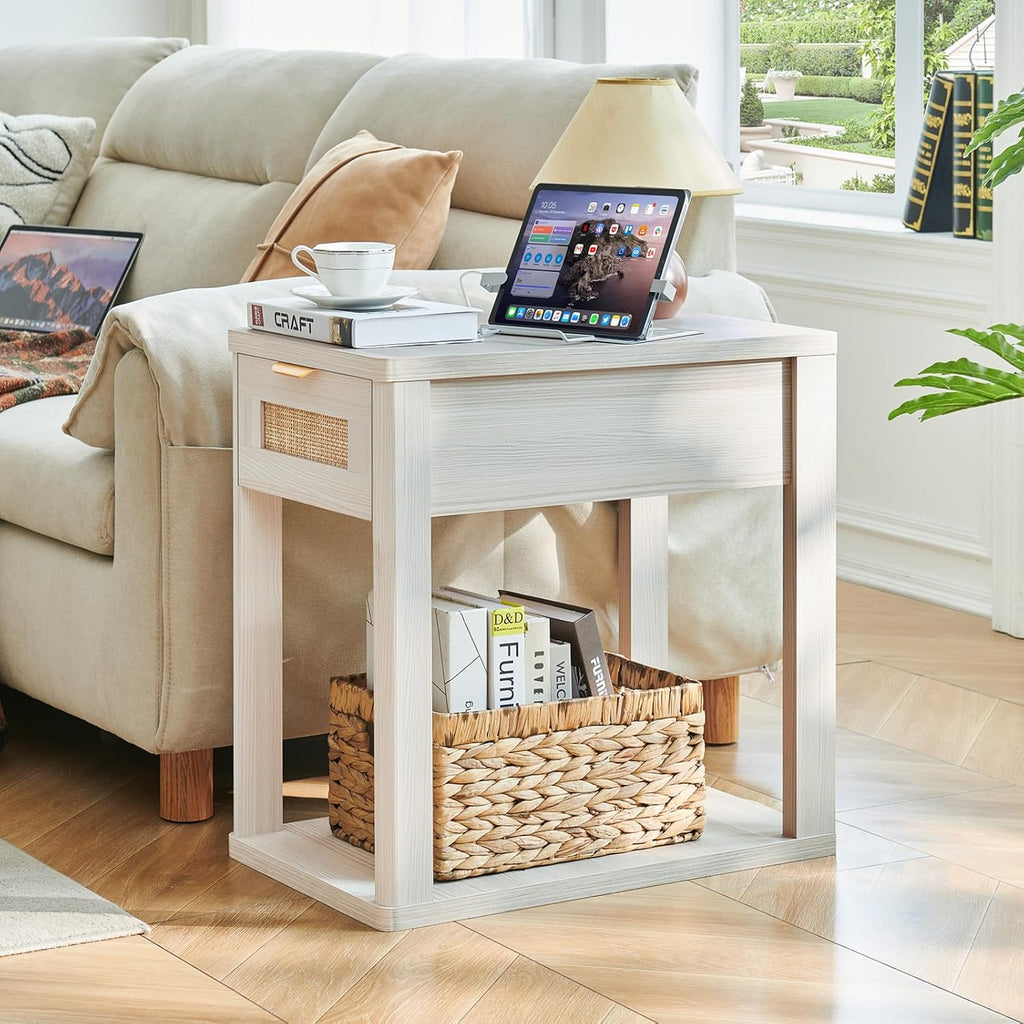 LEYAOYAO Narrow Side Table Set of 2, 24'' Night Stand with Charging Station, Rattan Nightstand with Drawer Storage, Bedside End Table with Small Spaces, Wood Boho Nightstand for Living Room Bedroom