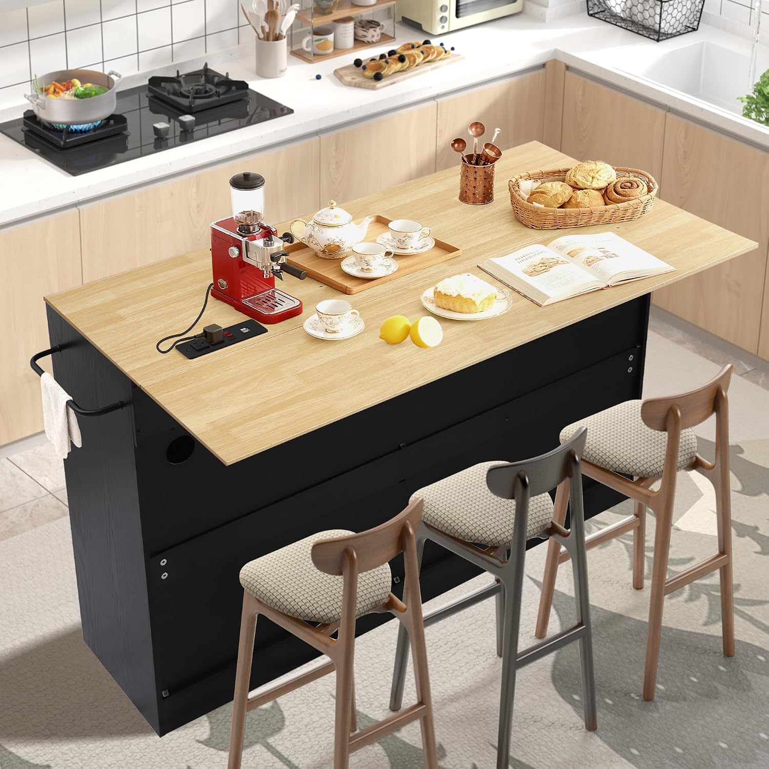 60' Kitchen Island with Power Outlet & Drop Leaf, Rolling Kitchen Island Table Cart w/Trash Can Storage Cabinet, Mobile Kitchen Cabinet on Wheels w/Drawers, Spice Rack, Towel Bar, Hooks (Black)