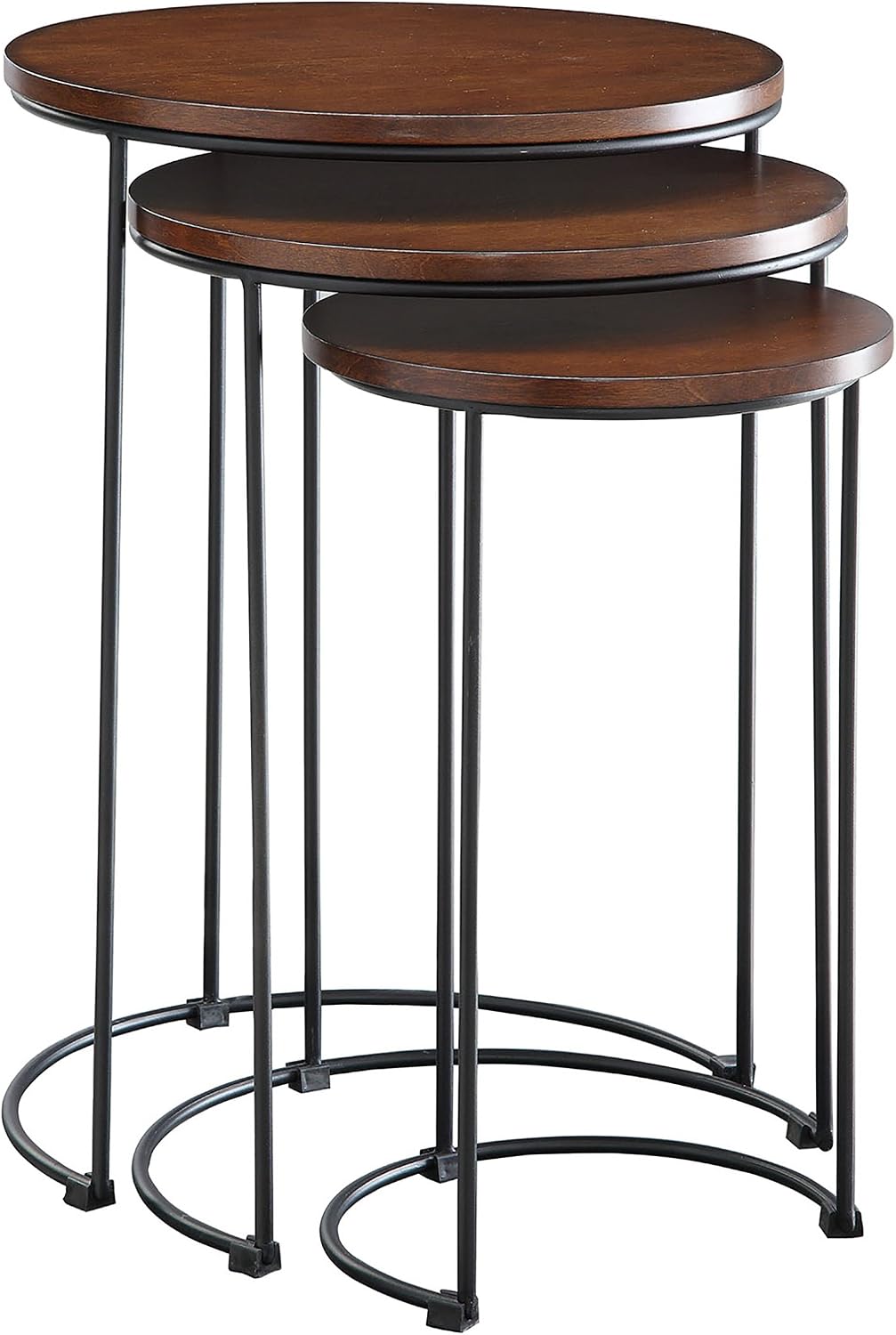 Carolina Chair & Table Astra Round Nesting 3-Piece Tables Set - Modern Powder Coated Black Metal Frames with Stained Wood Tops - Space Saving Accent Furniture for Living Room, Bedroom (Chestnut/Black)