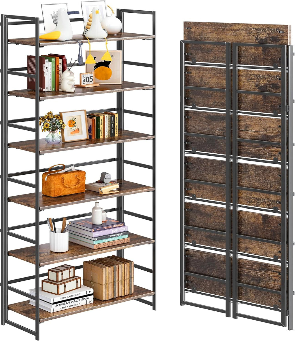 4NM No Assembly 6 Tier Collapsible Book Shelves, 61.8' H x 23.6' W Folding Bookshelf Bookcase Open Industrial Foldable Shelf for Bedroom, Living Room, Home Office - Rustic Brown Black