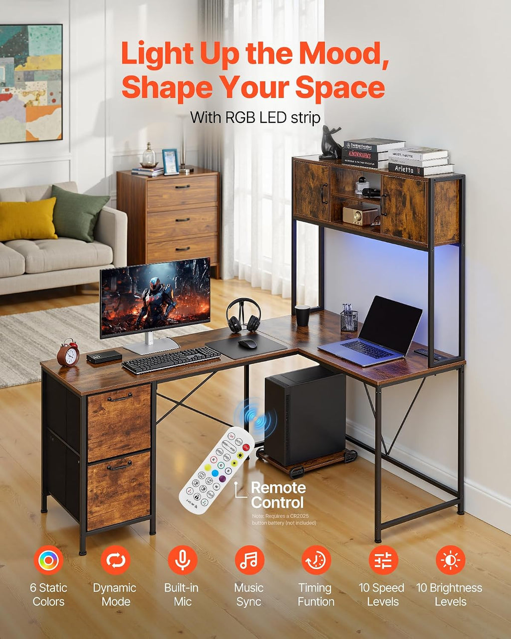 VEVOR L-Shaped Gaming Desk with LED Lights, 62.2-inch Reversible Corner Computer Desk with Power Outlets, Movable CPU Stand & Storage Drawers, Modern Stylish PC Gaming Table for Home Office