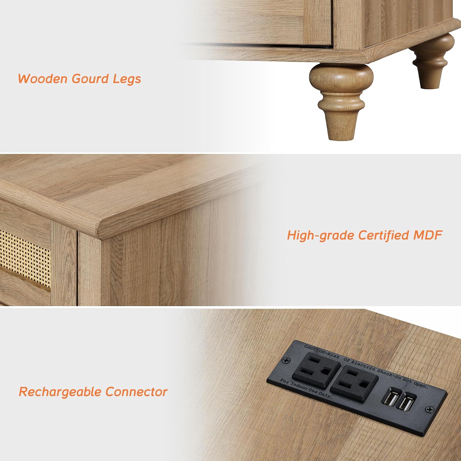 WAMPAT Tall Side Table with Charging Station, Rattan Night Stand with Drawer & Cabinet, Narrow Wooden End Table with Power Outlets & USB Ports for Living Room, Bedroom, Oak