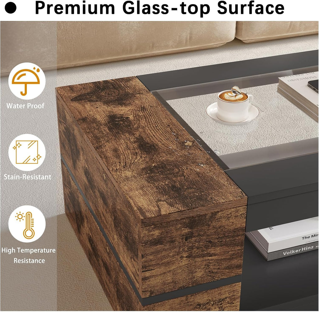 HedoAjim 47.2' Modern Stylish Coffee Table with Glass Table Top, Large Living Room Table Rectangular 2-Tier Center Tables with Storage, Wood Cocktail Tea Tables for Dining Reception Room (Rustic)