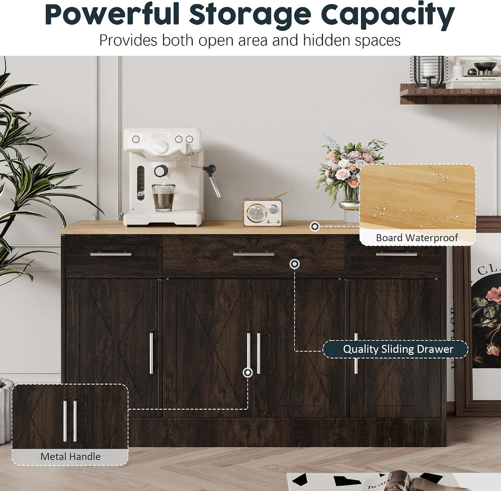 SUNLEI Kitchen Storage Cabinets, Farmhouse Buffet Cabinet with 4 Doors and 3 Drawers, Sideboard Small Storage Cabinet with Adjustable Shelf, for Kitchen, Dining Room & Living Room, Brown