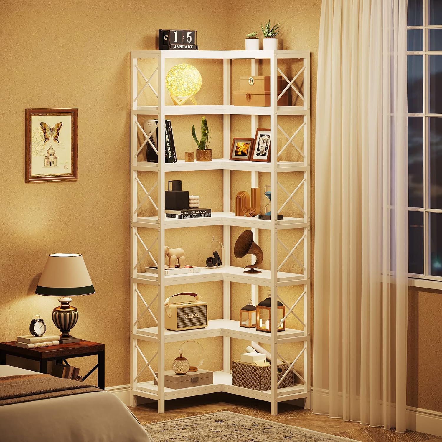 Tribesigns 7-Tier Corner Bookcase, Industrial Large Corner Bookshelf, 7-Shelf Tall Corner Shelf Storage Display Rack with Metal Frame for Living Room Home Office, White