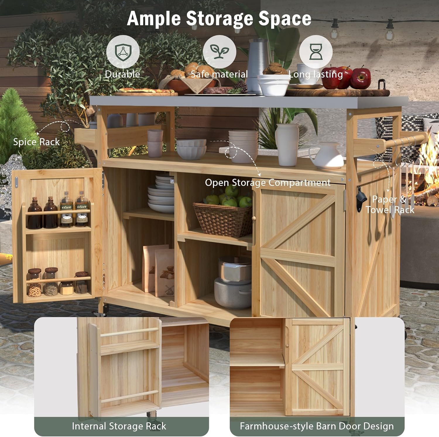 Outdoor Kitchen Rolling Bar Cart with Storage Cabinet, Farmhouse Solid Wood Outdoor Grill Table with Stainless Steel Top, Spice Rack and Towel Rack, Perfect for Barbecue Poolside Patio (Natural)
