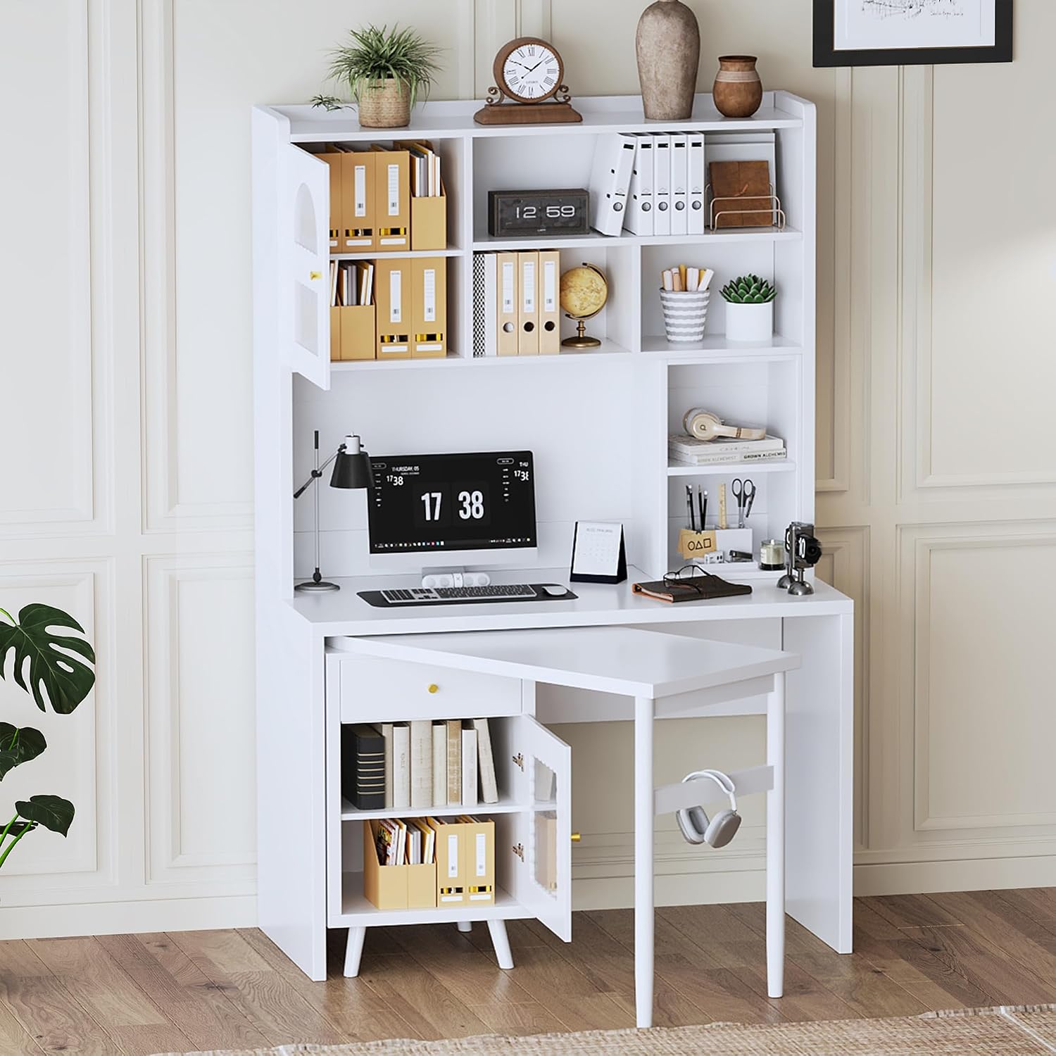 L Shaped Home Office Desks with 90° Rotating Retractable Desktop, Glass Door, Hutch, Drawers, Bookshelf & Storage Shelves, 43' Modern Gaming Computer Corner Table for Work, Study, Writing, White