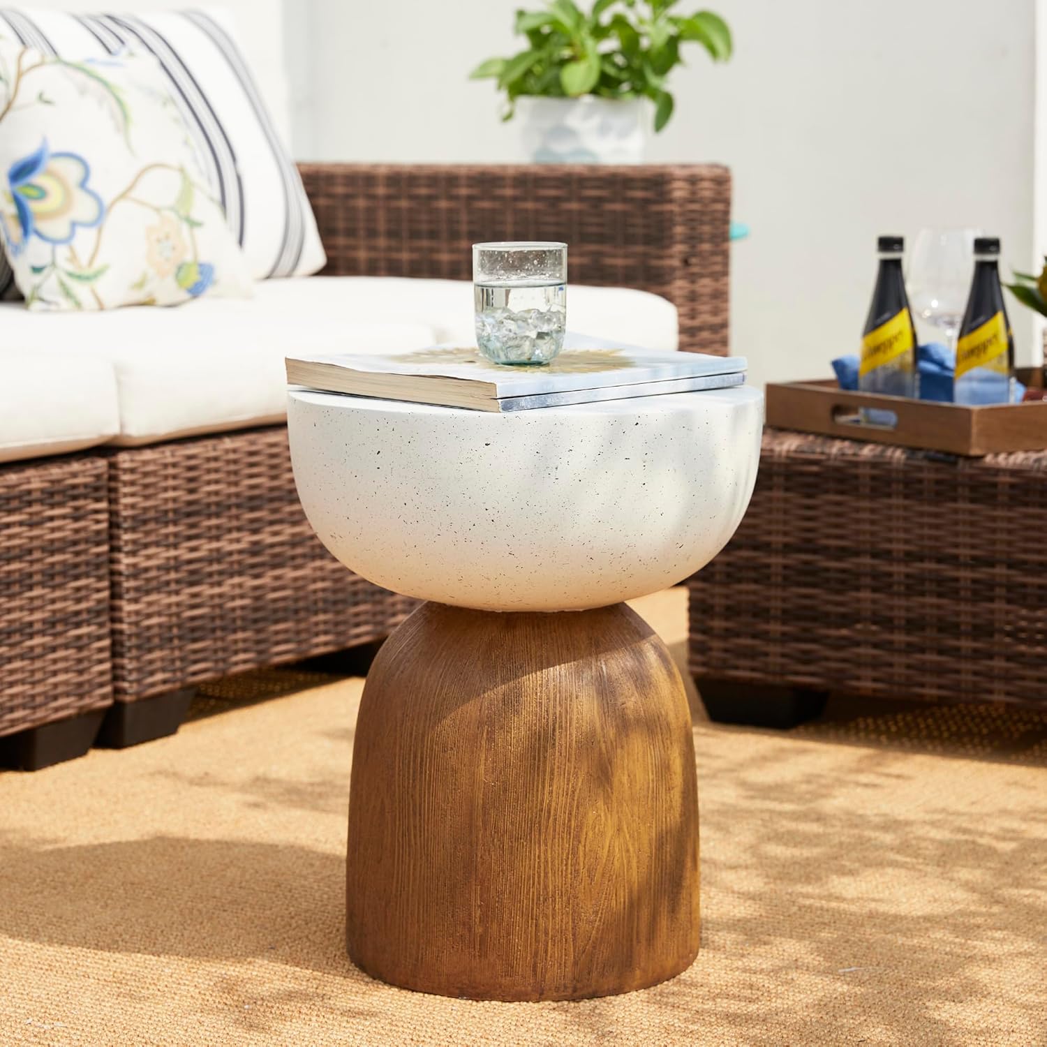 Glitzhome Outdoor Side Table, 17.75' H Decorative Garden Stool MGO Geometric Wood Texture End Table, Round Planter Stand for Indoor Outdoor Living Room Bedroom Patio Deck Poolside
