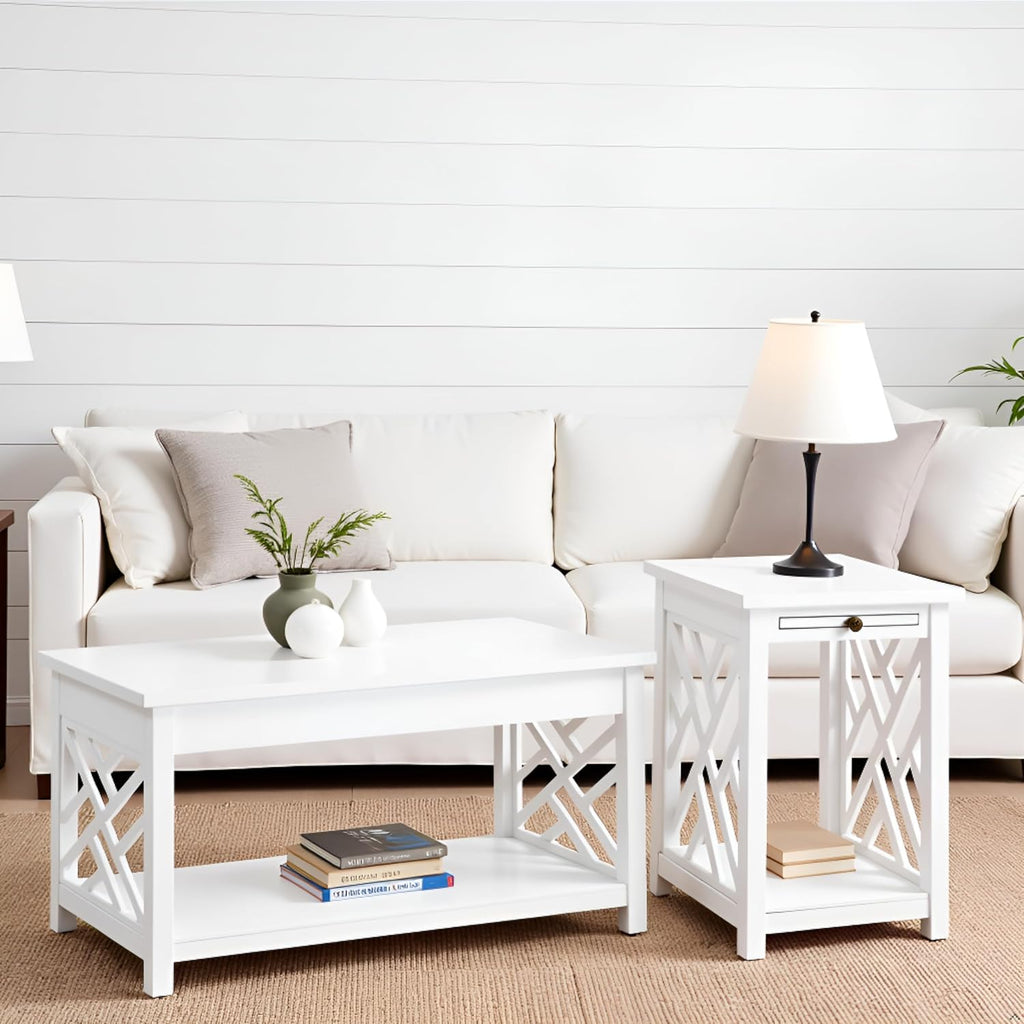 Coventry 2-Piece Living Room Table Set – Cottage Style Coffee Table and End Table with Lower Shelves and Pull-Out Tray – for Apartment, Loft, or Teen Room by Alaterre Furniture (White)
