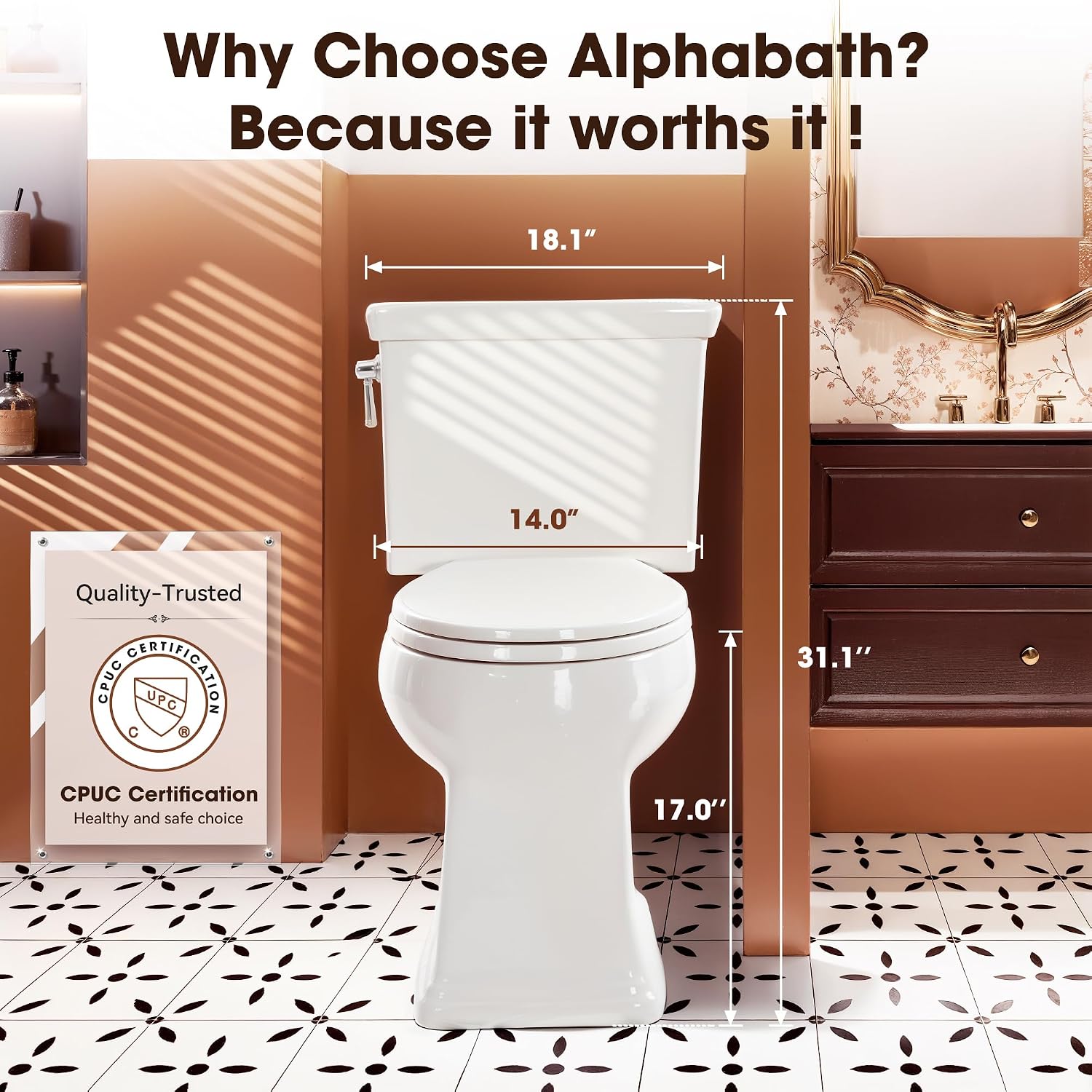 17' Comfort Height Toilet with Soft Close Seat, Two piece Toilets for Bathroom, Nano Self-Cleaning Glaze, 1.27 GPF Powerful Single Flush, Easy to Clean & Install, ADA Height, 12' Rough-In