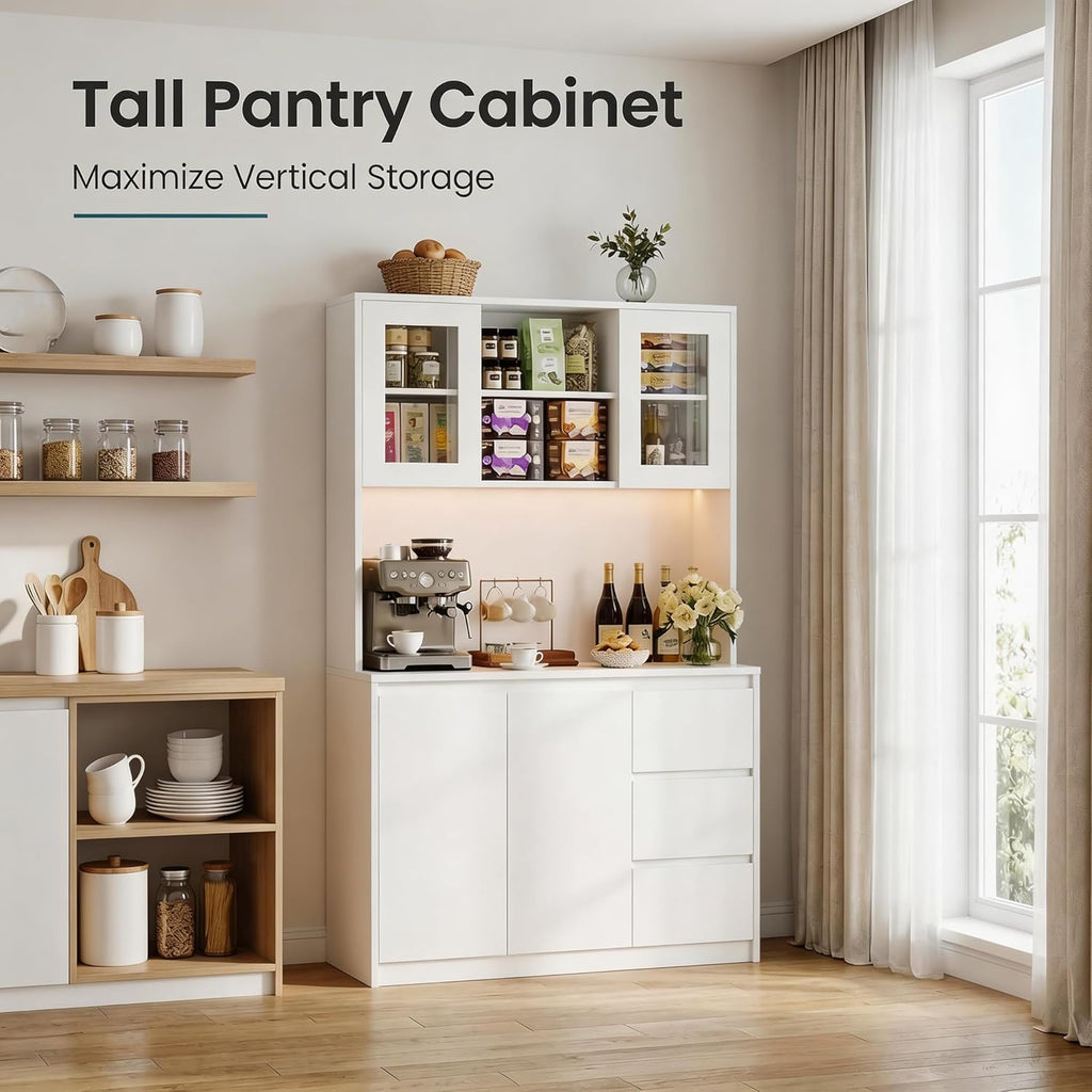 71' Kitchen Pantry Cabinet,Tall Storage Cabinet with Doors & Shelves Adjustable, Kitchen Storage Hutch with Microwave Shelf,Coffee Bar,Led Lights&Charging Station,Corner Pantry Cabinet for Living Room