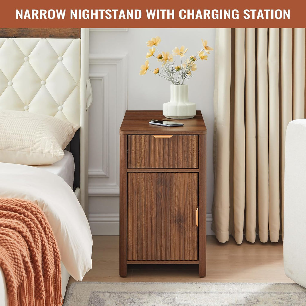 Fluted Narrow End Table with Charging Station, Farmhouse Side Table with Drawer Storage, Small Night Stand with Power Outlets and USB Ports, Sofa Side Table for Living Room - Walnut