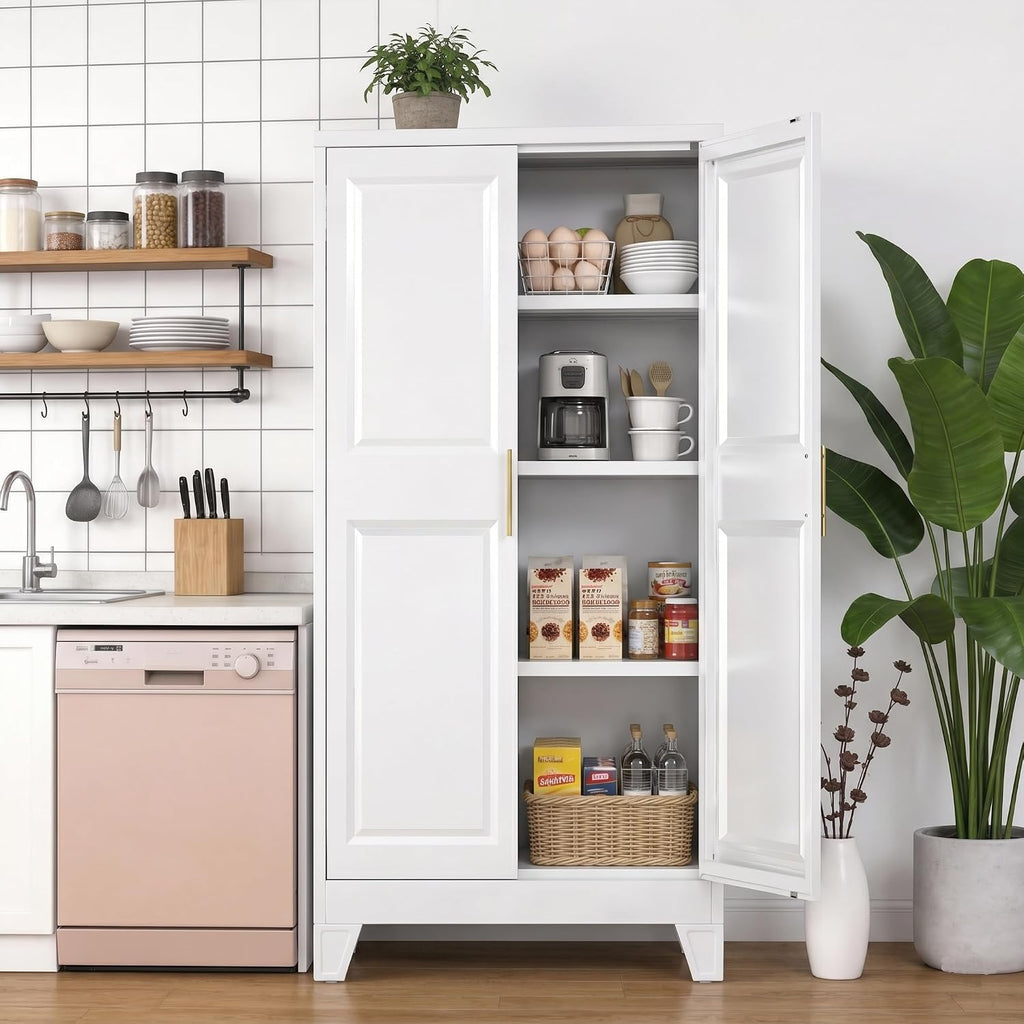 61.4' H Metal Pantry Cabinet with 3 Adjustable Shelves, Kitchen Pantry Cabinet with 2 Doors, Freestanding Food Cabinet for Kitchen, Home, Assembly Required, White