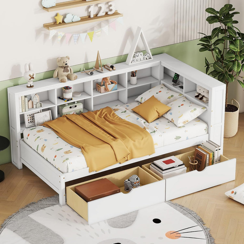 Harper & Bright Designs Twin Size Daybed with 2 Storage Drawers, Wooden Corner Bed Frame with Storage Shelf and USB Charging Ports for Kids Teens, White