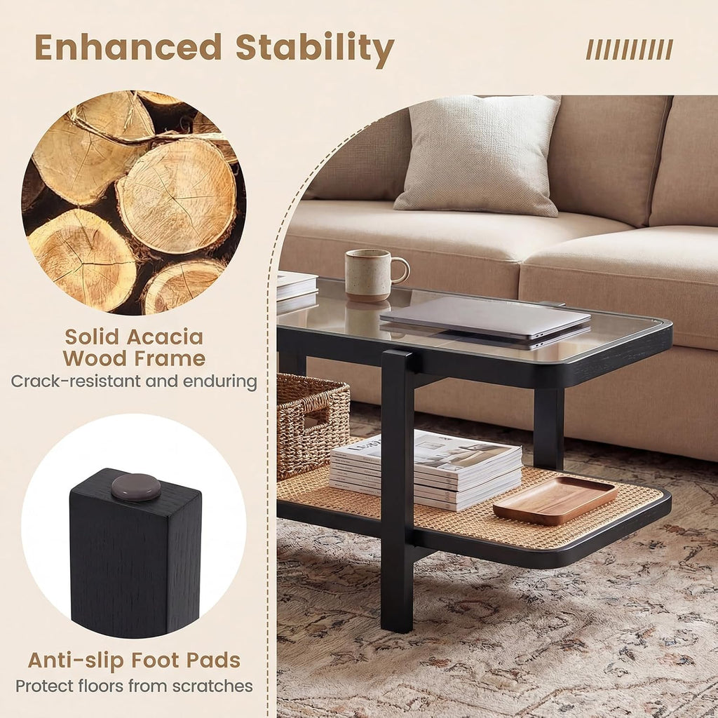 GOFLAME Rattan Coffee Table, 47.5' Solid Wood Center Table with Tempered Glass Top & Rattan Storage Shelf, Rectangular, Farmhouse, Boho, 2-Tier Mid Century Modern Tea Table for Living Room (Black)