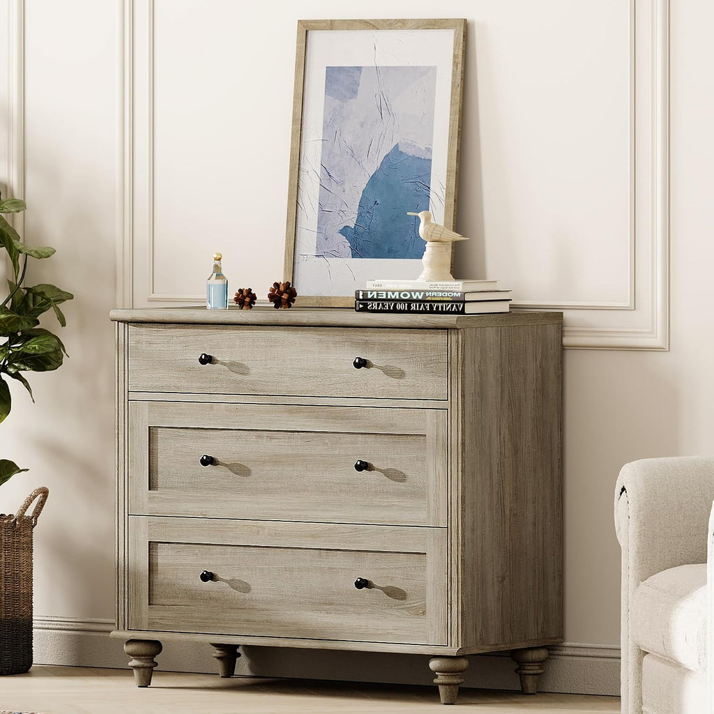WAMPAT Farmhouse Nightstand with 3 Drawers, Large Wood Bedside Table Night Stand, Wide Sofa Side End Table 3 Drawers Chest of Dresser for Living Room, Bedroom, Grey, 34'