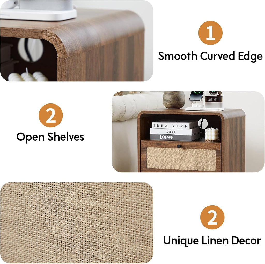 Nightstand with Drawers Set of 2, Mid-Century Living Room Wood End Table with Charging Station for Couch, Night Stand with Charger Station, Linen Decor Side Table for Bedroom