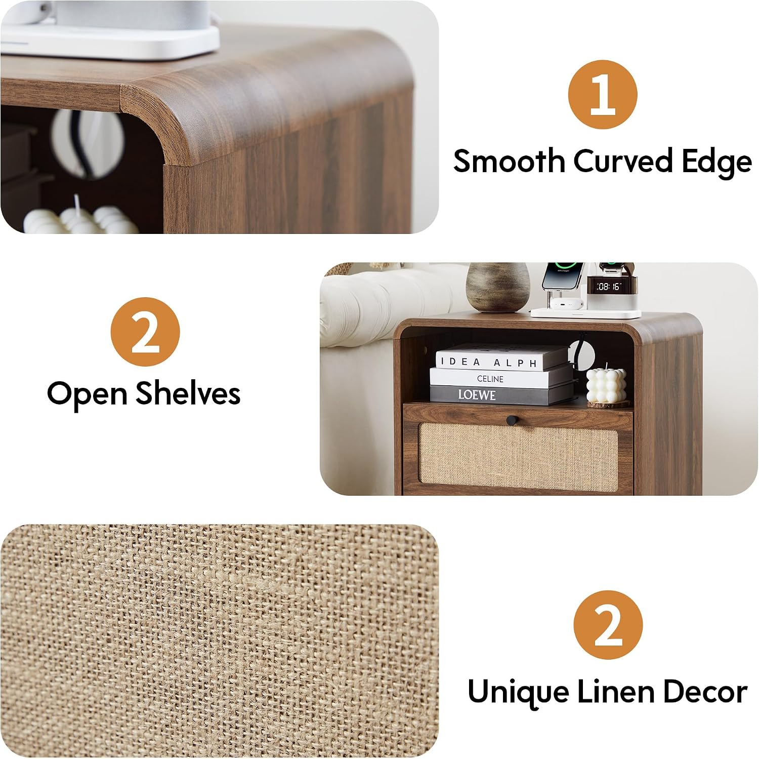 Nightstand with Drawers Set of 2, Mid-Century Living Room Wood End Table with Charging Station for Couch, Night Stand with Charger Station, Linen Decor Side Table for Bedroom