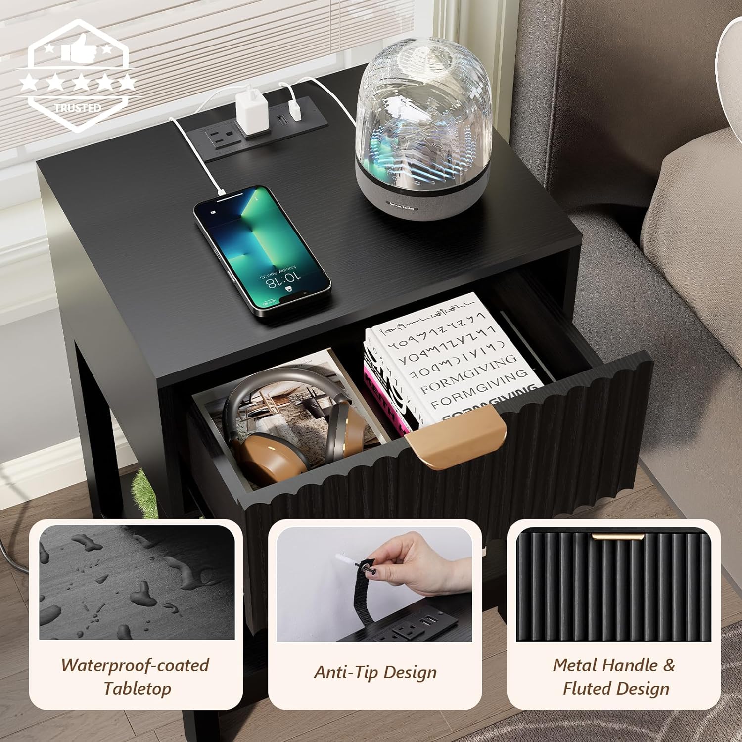 Nasonet Night Stand Set 2, Fluted Nightstand with Charging Station, Wood Bedside Table with Drawer & Storage Shelf, Modern End Tables for Bedroom Sofa Couch Office, Black
