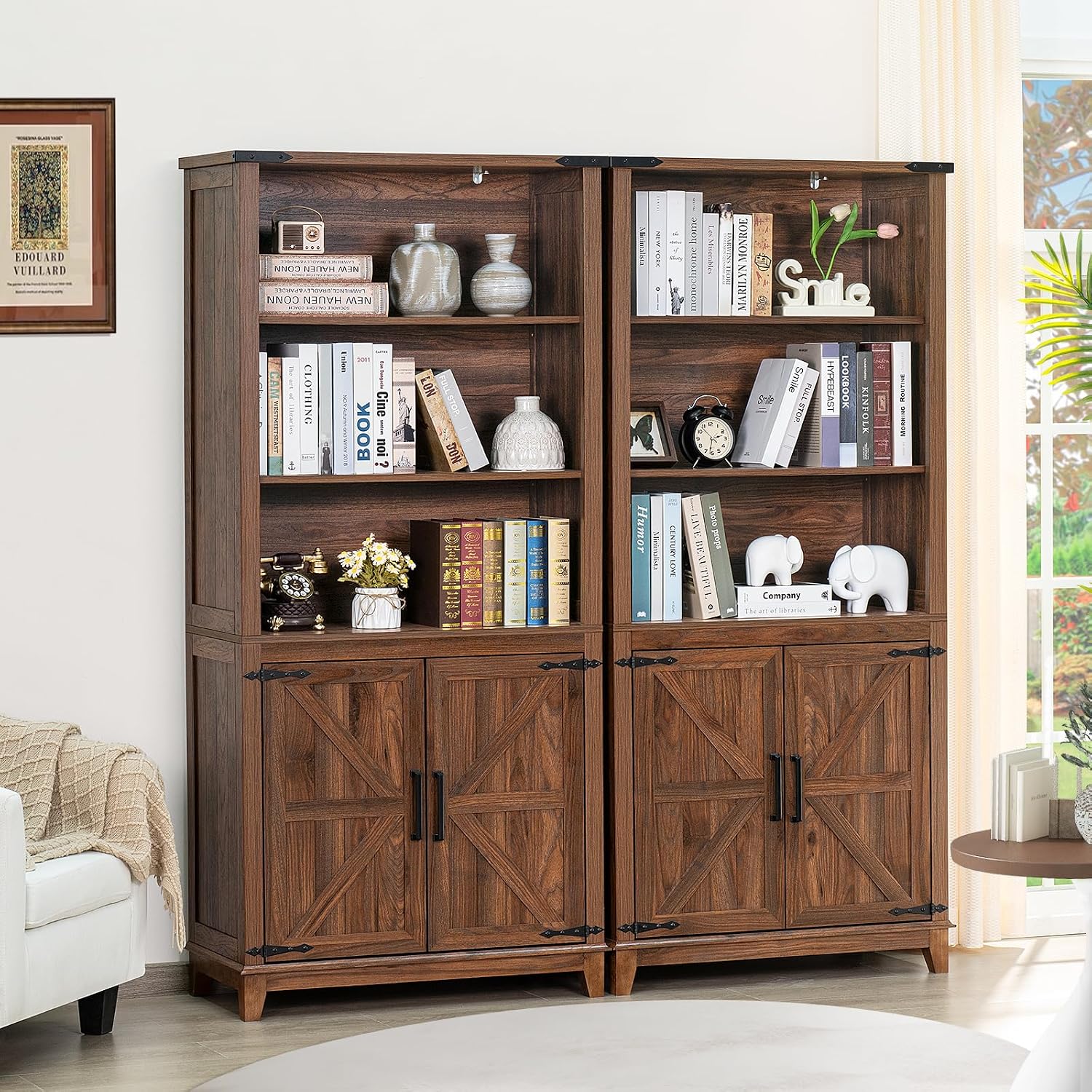 Joaxswe 70in Tall Bookshelf 5 Tier Bookcase with Barn Doors and Adjustable Shelves, Brown Farmhouse Book Shelf with Storage Cabinet, Wood Freestanding Display Bookshelves for Bedroom, Living Room