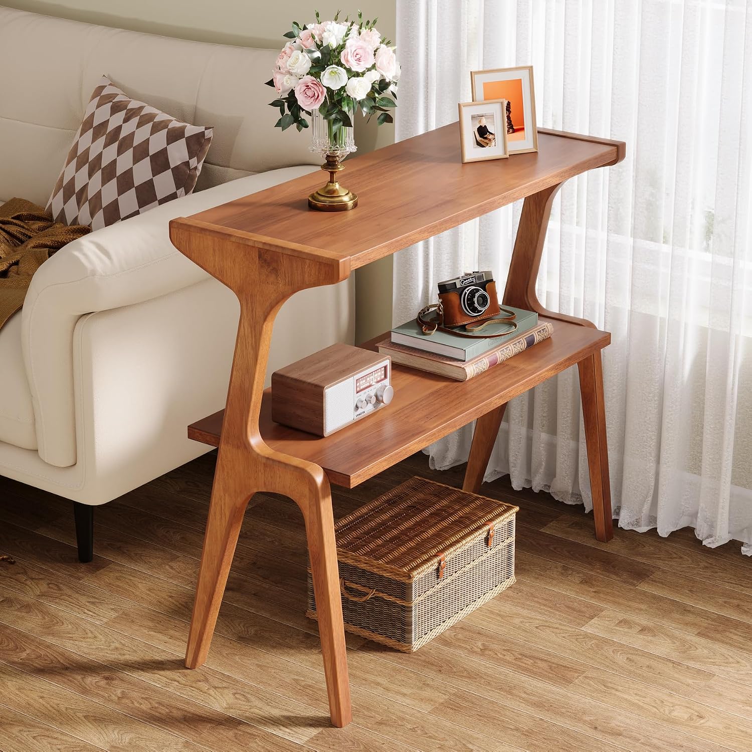 Tribesigns Set of 2 Solid Wood End Table, Modern Side Table for Couch, 2-Tier Narrow Tall End Table, Long Bedside Table for Living Room, Bedroom, Walnut