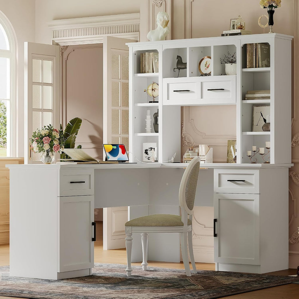 L Shaped Desk with Hutch, Corner Computer Desk with Storage Shelf & Cabinet, Laptop Pc Table Gaming Desk Workstation, Modern Executive Study Writing Desk for Home Office, Bedroom (White)