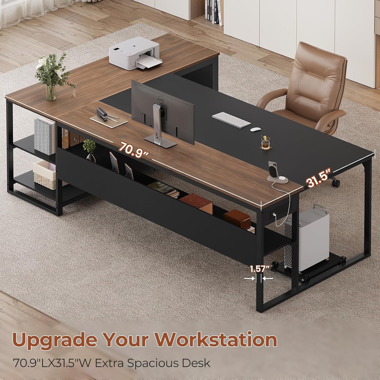 71' Executive Desk, Large Office Desk with Widen File Drawers & Power Outlets, Reversible L Shaped Computer Desk Corner Desk with Storage Shelves, CPU Stand, Hooks, Business Furniture (Walnut)