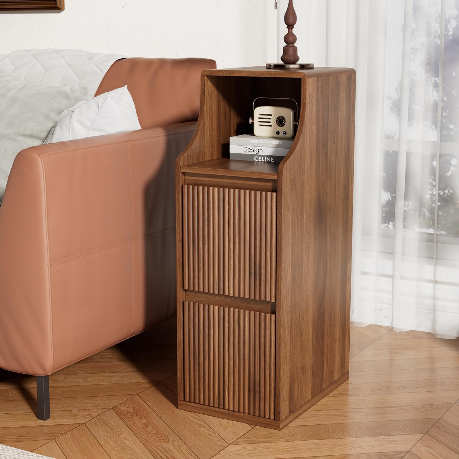 Fluted Narrow Nightstand Set of 2, Mid Century Modern Small Bedside Table with 2 Drawers, Wooden Skinny Vintage Side Table, Night Stand, Slim End Table for Bedroom, Walnut, Brown