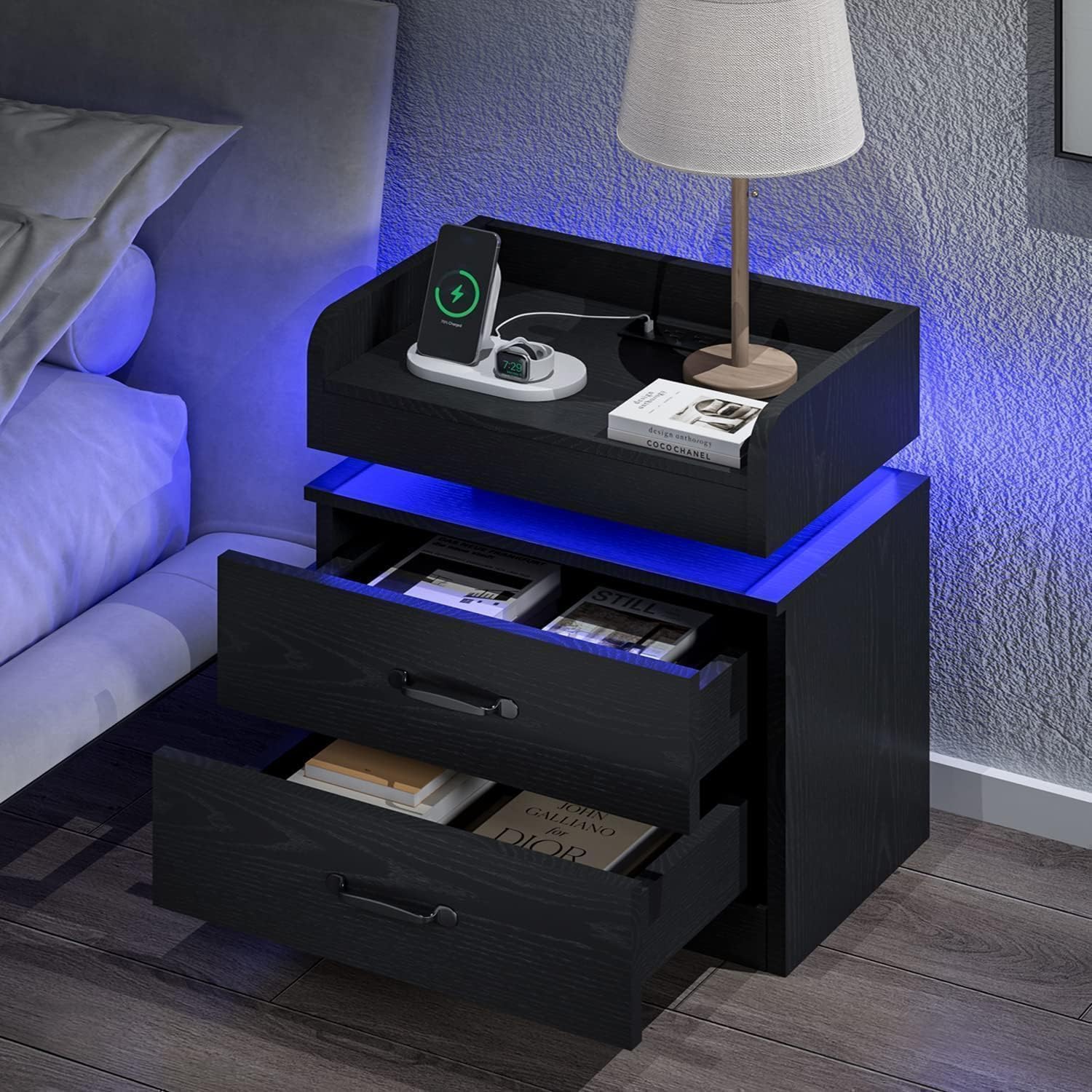 4ever2buy Black Nightstand Set of 2 with Charging Station and LED Lights Modern Bedside Tables with Drawers End Tables for Bedroom