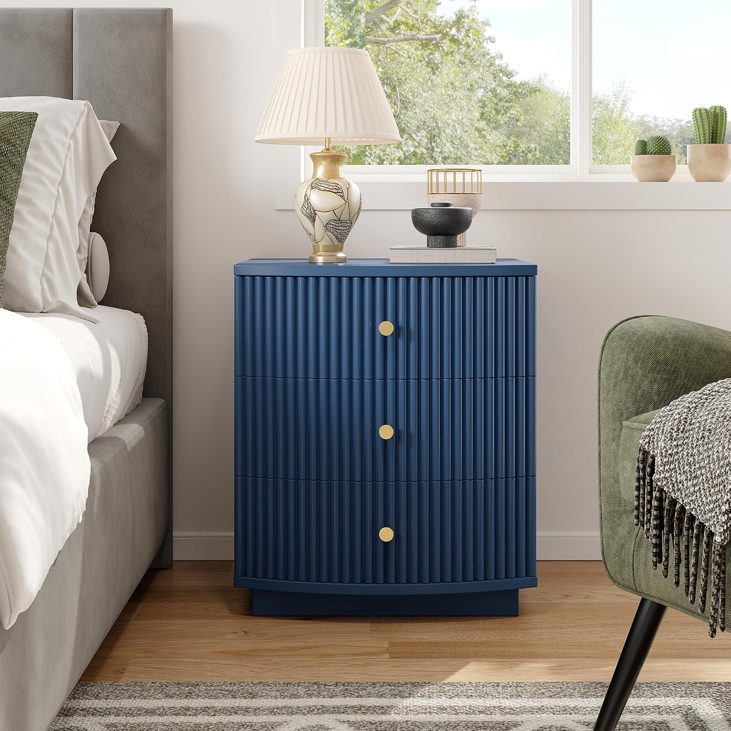 Dresser for Bedroom,6-Drawer Dresser, Mondern Wide Chest of Drawers with Fluted & Curved Design, Large Storage Chest for Bedroom, End Table for Living Rooms, （Blue*2）