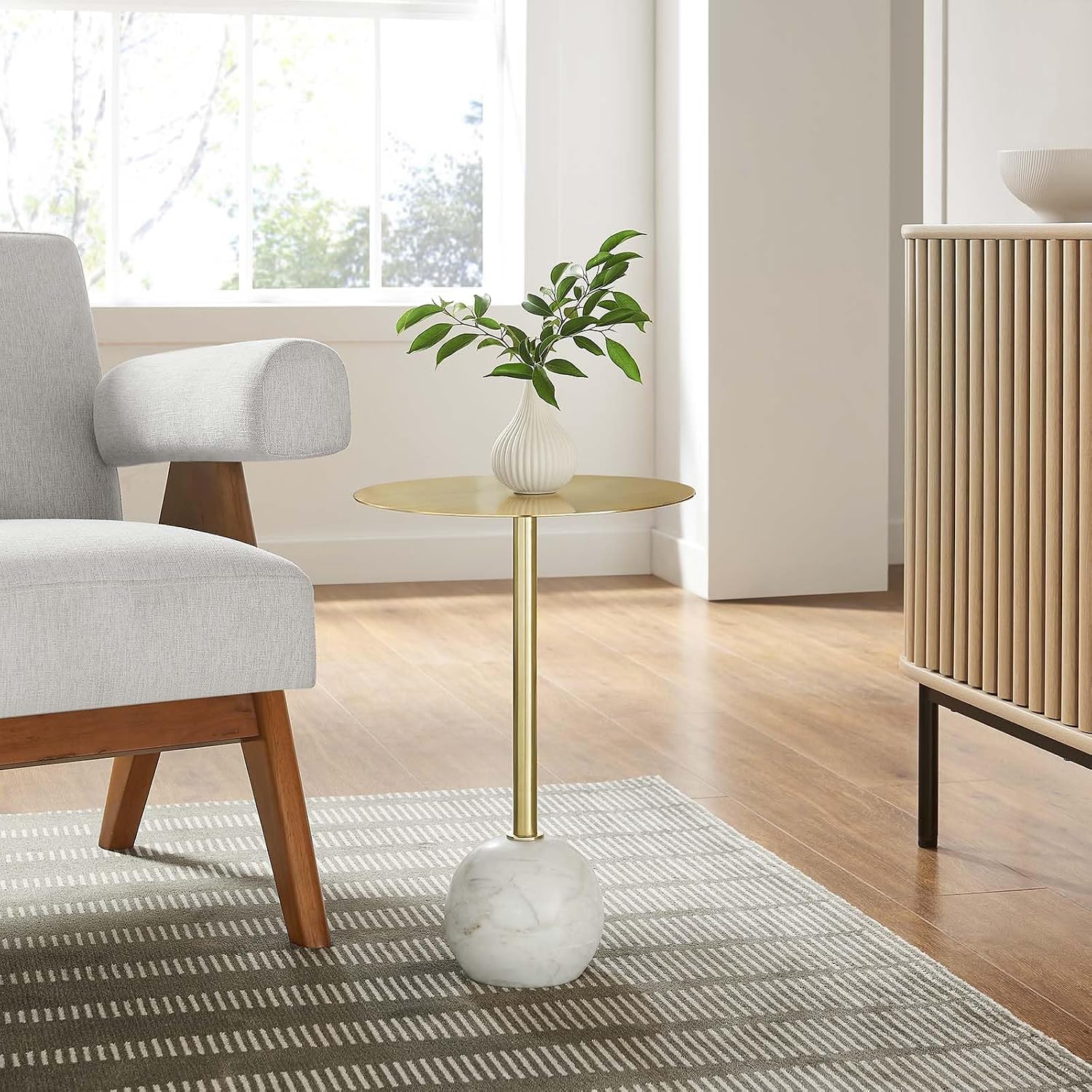 Modway EEI-6606-WHI-BRA Aliza White Marble Round Side Living Room End Table in Brass with White Marble Base