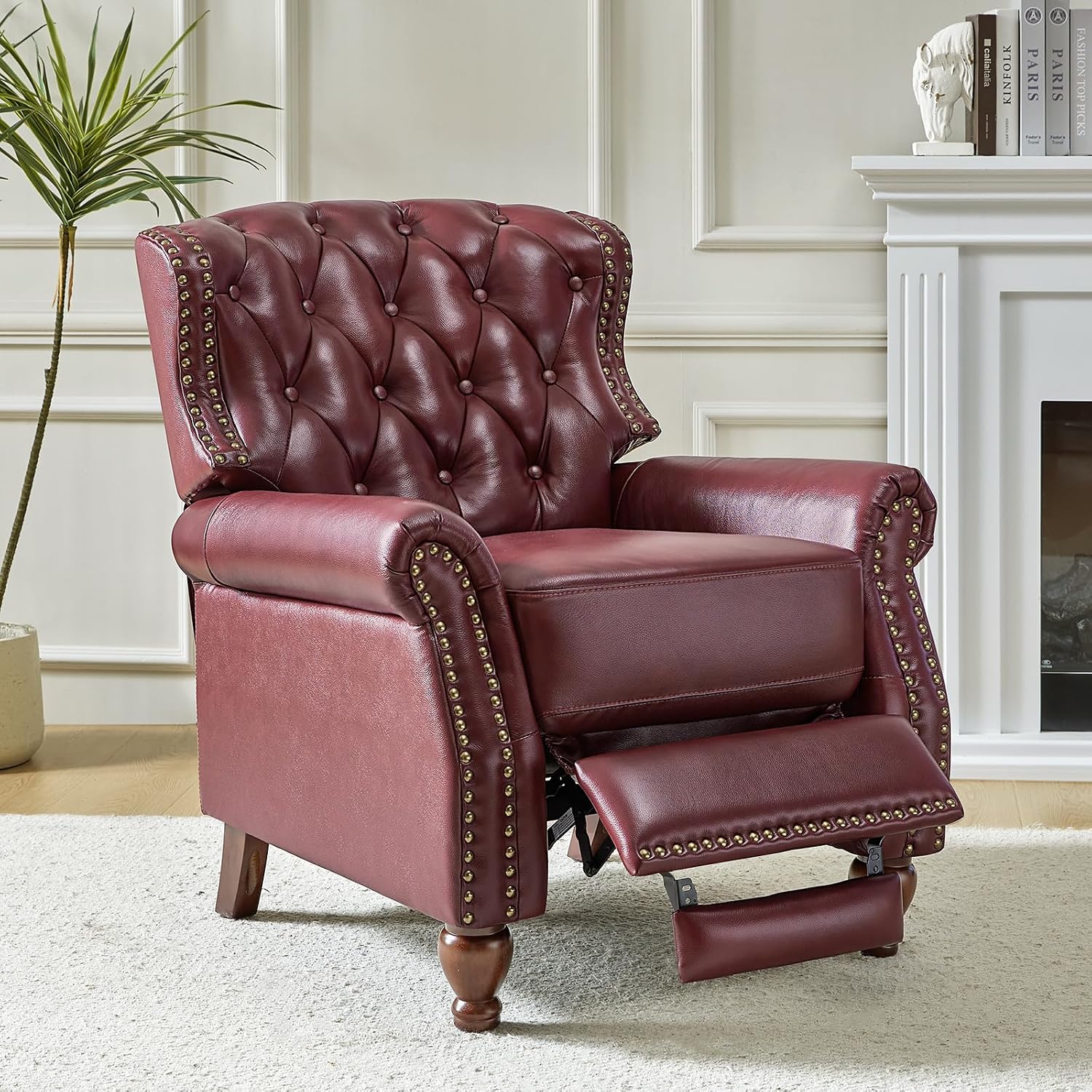 HULALA HOME Genuine Leather Recliner Chair Set of 2 w/Solid Wood Feet, Modern Adjustable Tufted Push Back Arm Chair w/Rivet Decoration, Home Theater Seating Reclining Sofa for Living Room, Burgundy