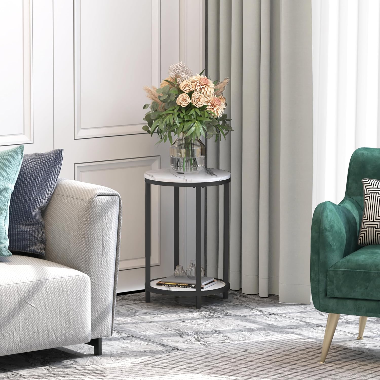 WiberWi Round Side Table Set of 2, Modern Nightstand End Table with Metal Frame &Faux Marble Top, Accent Bedside Table for Living Room Bedroom Small Spaces with Storage Open Shelf,White