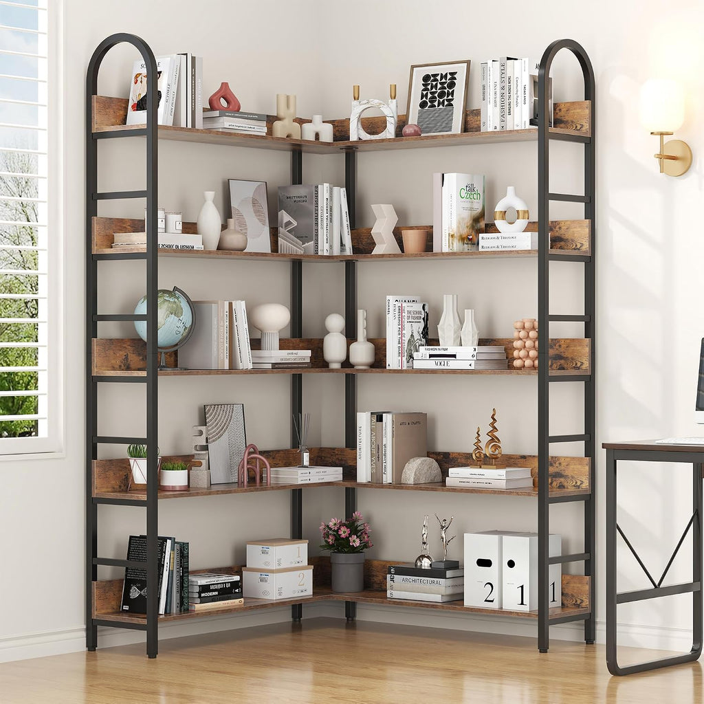 Nosepen L Shaped Corner Bookcase and Bookshelves, 5-Tier Tall Open Shelf Etagere Bookcase, Wood and Metal Large Library Industrial Bookcases Display Rack for Living Room Home Office,Black+Brown