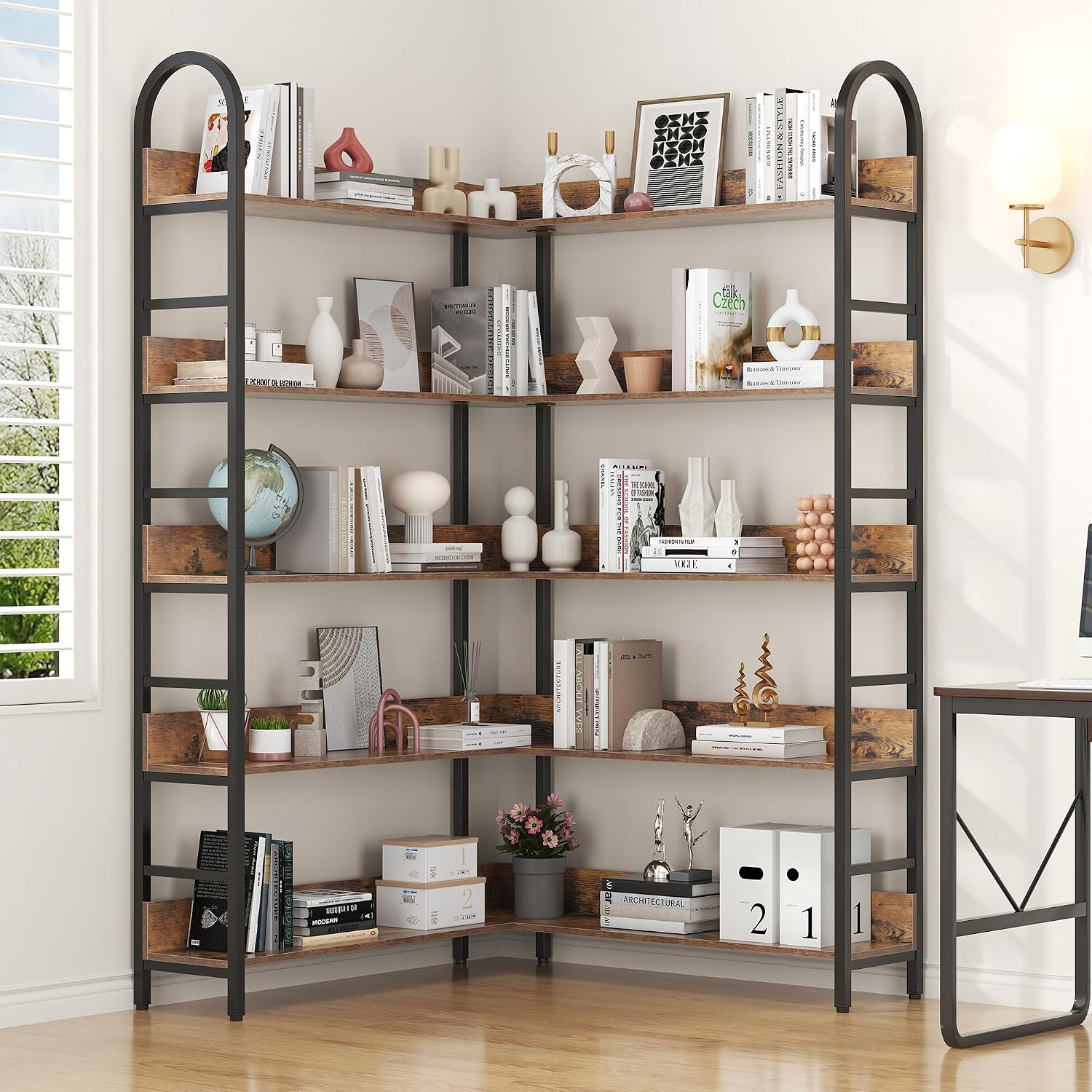 Nosepen L Shaped Corner Bookcase and Bookshelves, 5-Tier Tall Open Shelf Etagere Bookcase, Wood and Metal Large Library Industrial Bookcases Display Rack for Living Room Home Office,Black+Brown