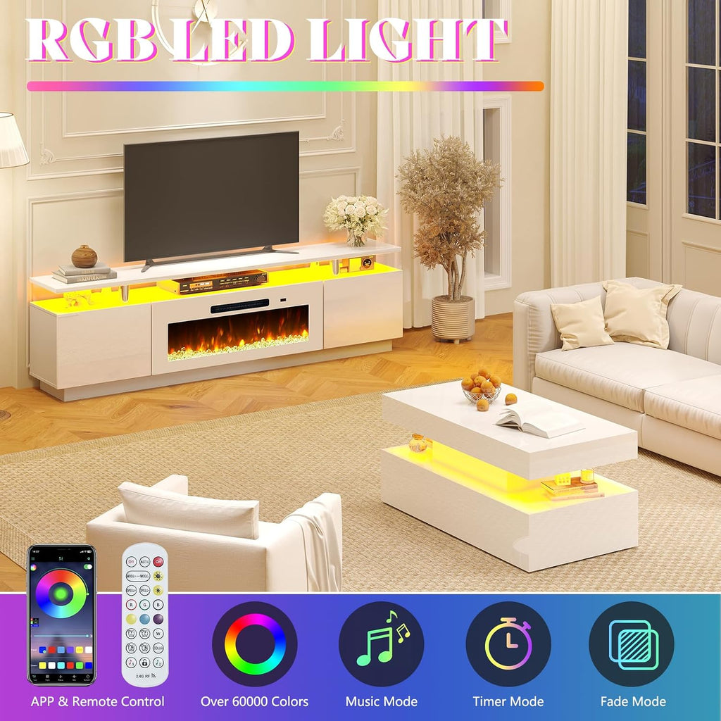 AMERLIFE 3 Piece Modern Living Room Table Set, Includes 80' High Gloss Fireplace TV Stand, 2-Tier Coffee Table, LED Lights Entertainment Center Set for Living Room, White