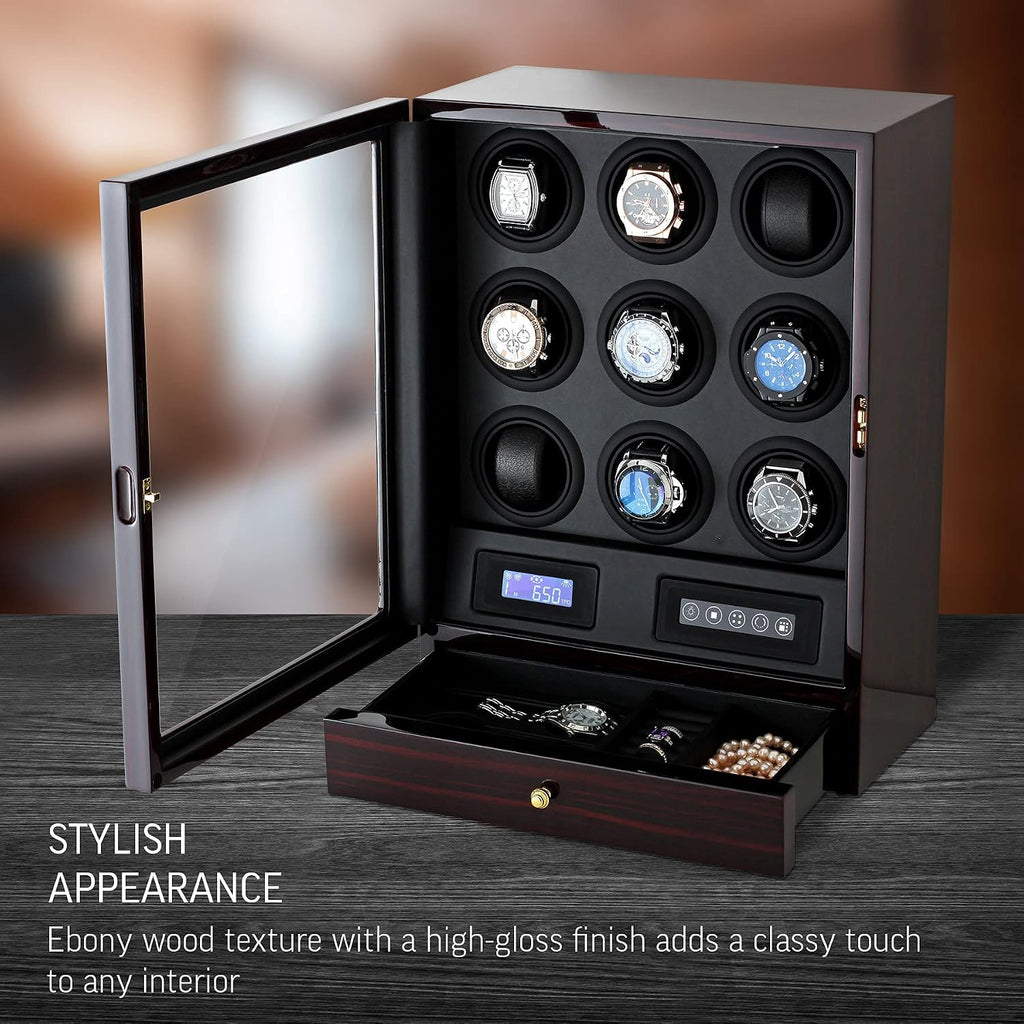 9 Watch Winder with LED Interior Light, LCD Display and 2 Watch Storage Space