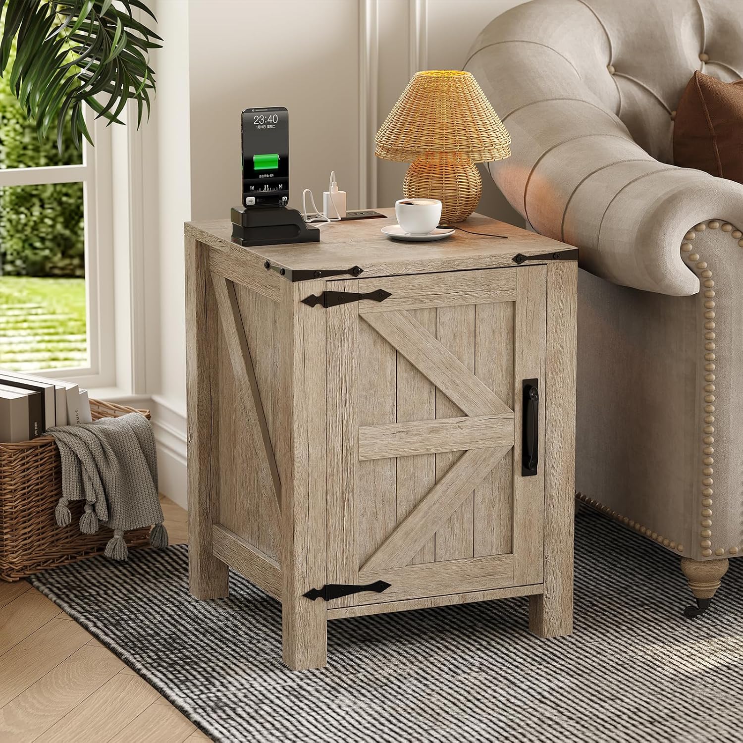Garvee Rustic Farmhouse Nightstand Set of 2 with Charging Station, Barn Door and Adjustable Storage Shelf, Wooden Small Bedside Table, 18' Modern Two-Tier Nightstand & End Table for Bedroom